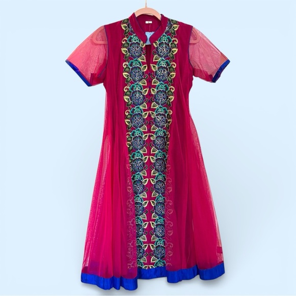 Handmade Dresses & Skirts - Magenta Embroidered Anarkali Gown Handmade Lined Tulle Outer Layer Indian Sz M